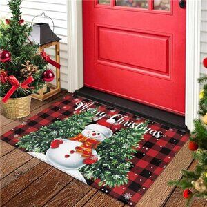 Snowman Trees Entrance Door Mat, Red Plaid Low Profile Tradition Christmas Decor